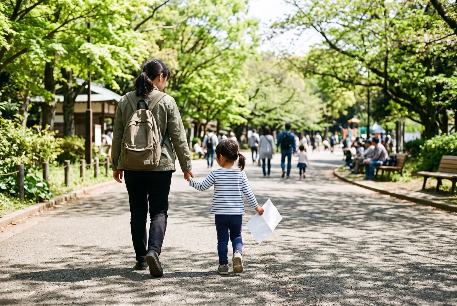 紙を手に公園の並木道を歩く親子の後ろ姿 - 公園・テーマパークの謎解きのイメージ