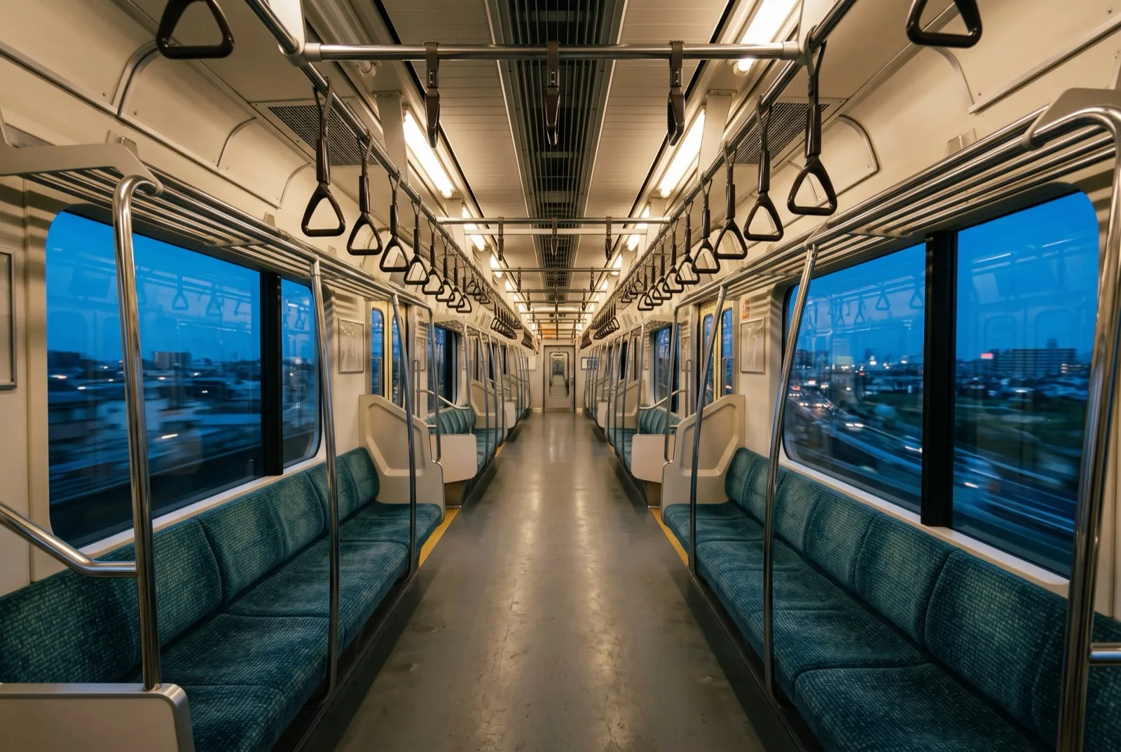 夕暮れの誰もいない電車の車内 - 鉄道周遊謎解きのイメージ